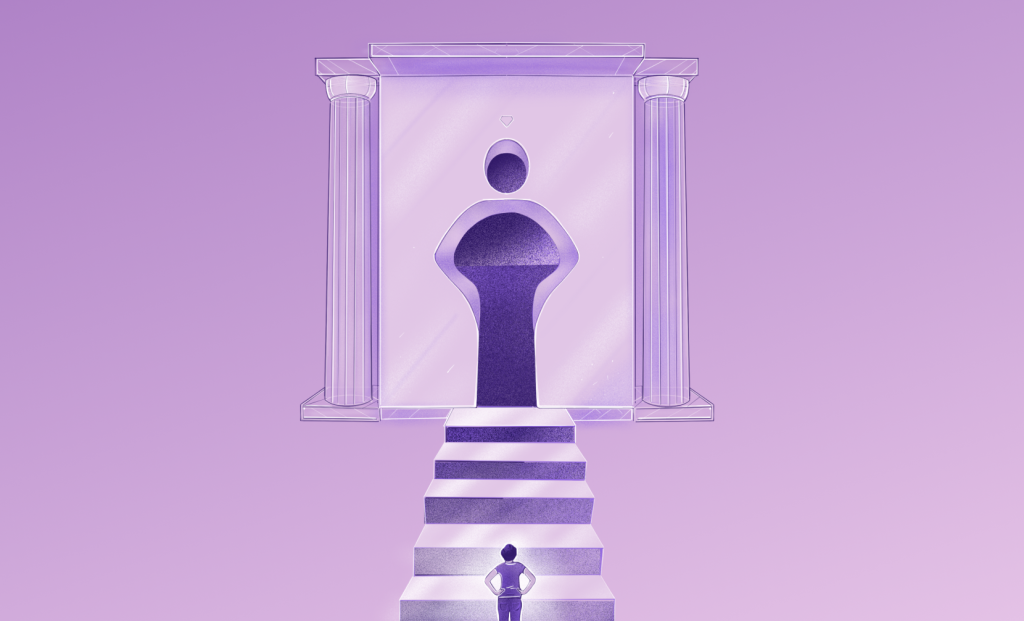 Design of a person walking up steps into a larger silhouette of themselves